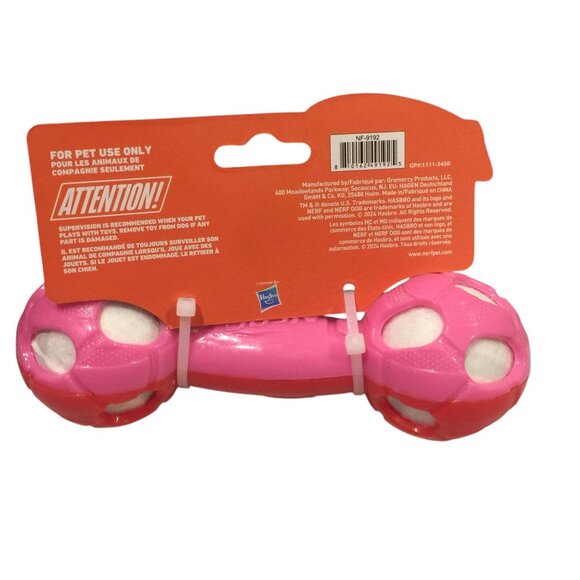 Nerf Dog Red Pink Squeak 7" Barbell White Balls - Picture 2 of 3